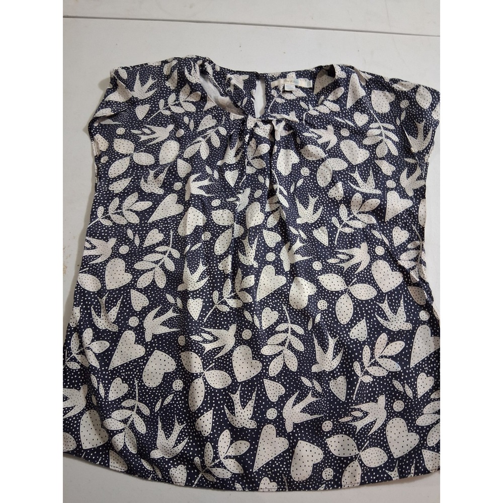 Boden Silk Blend Navy Blue White Bird Heart Print Blouse Top W0032 Size US 8